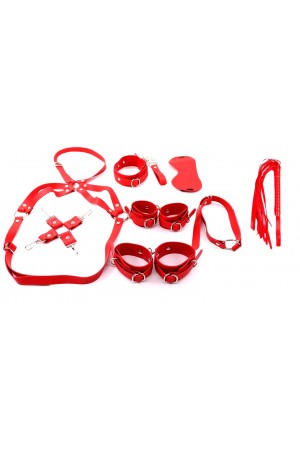 Набор: наручники, оковы, маска, кляп-рамка, плеть,ошейник с поводком, фиксатор, портупея