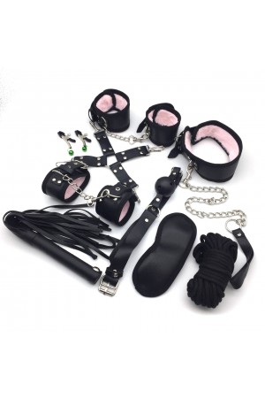 Набор: наручники, оковы, маска, кляп, плеть,ошейник с поводком, верёвка, фиксатор, зажимы для сосков