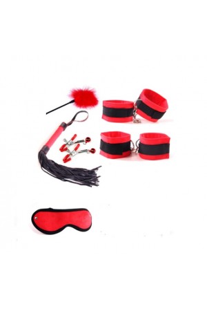 Набор: наручники, оковы, плеть, щекоталка, зажимы для сосков, маска красный