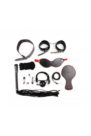 Набор: наручники, маска, кляп, плеть, шлепалка, ошейник с поводком, верёвка, зажимы для сосков